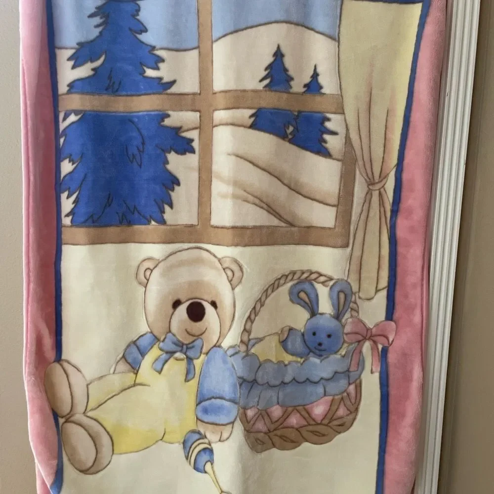 Korean Mink Vintage Bear Cabin in the Woods Baby Blanket Spring Easter Theme